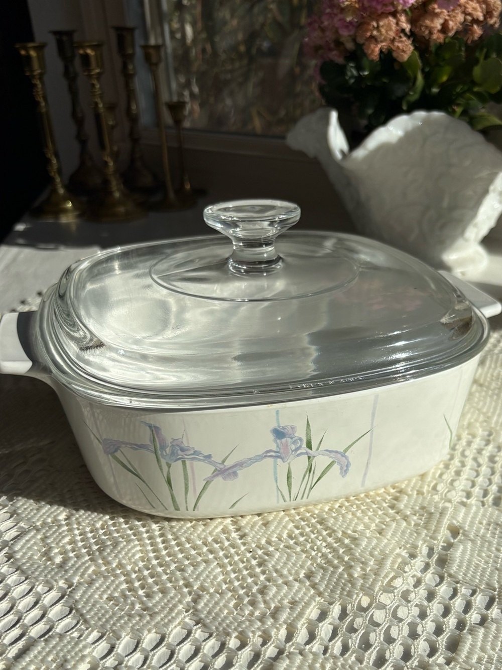 Corningware White Casserole Dish with Purple Iris Pattern and Clear Glass Lid